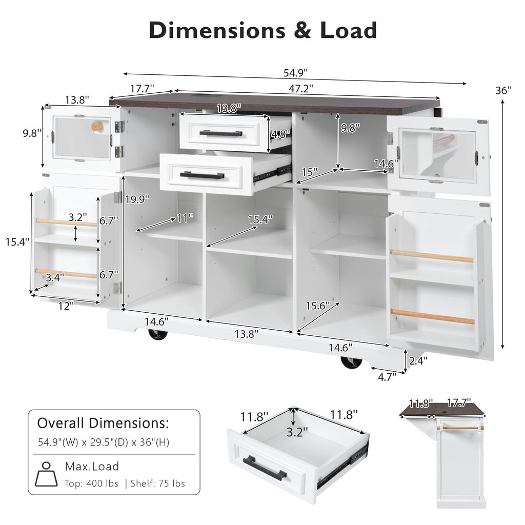 K&K 54.9' Kitchen Island with Drop Leaf, Power Outlet, Kitchen Storage Cart with 4 Door Shelves, Cross Barn Doors & Visual Glass Door, Rolling Kitchen Island on 4 Wheels for Kitchen, Dining Room,White - Grand Goldman Shop