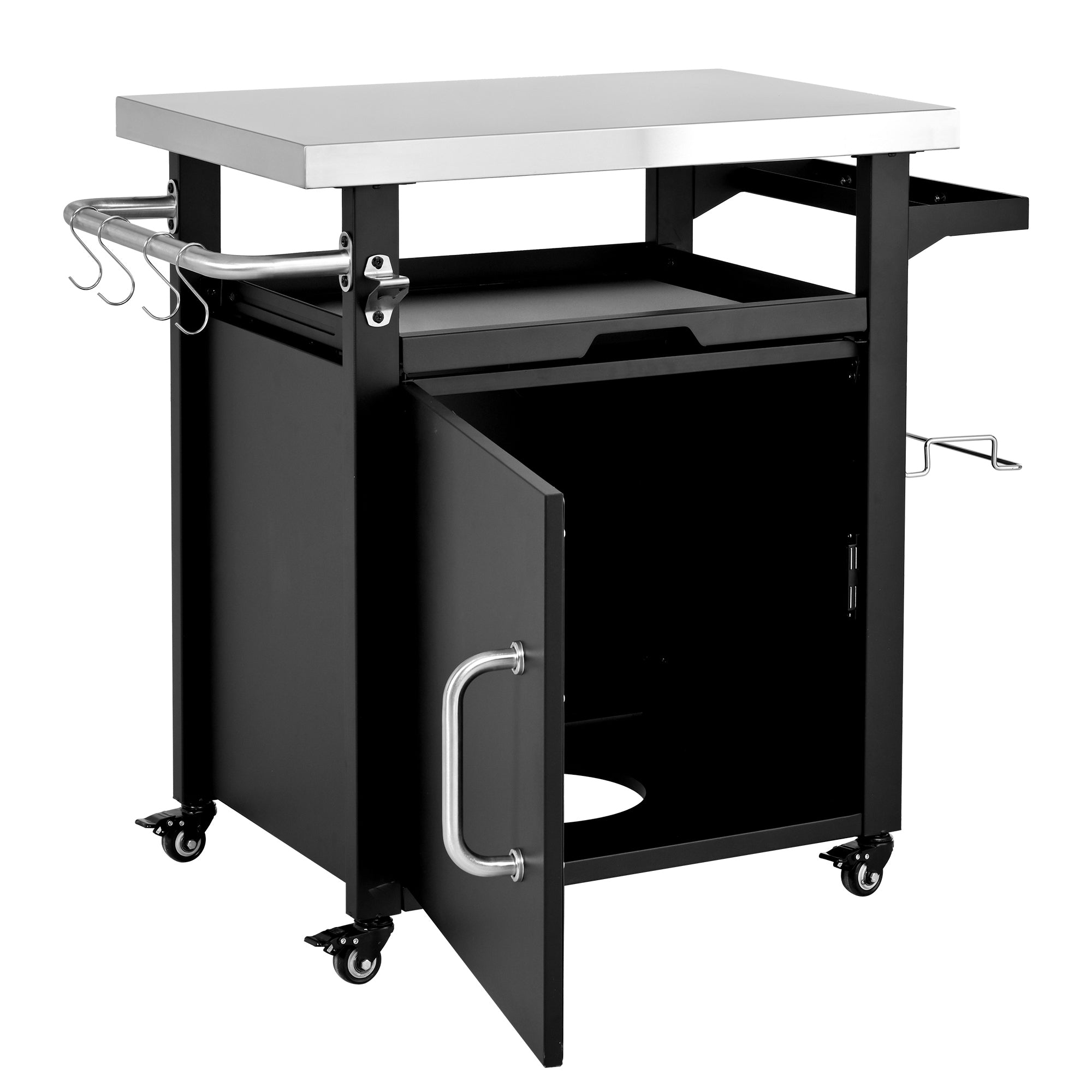 K&K 39.5' Outdoor Grill Cart with Storage Cabinet, Outdoor Bar Cart Pizza Oven Table with Wheels, Stainless Steel Top, Outdoor Kitchen Island with Spice & Paper Rack for BBQ, Waterproof Cover Included - Grand Goldman Shop