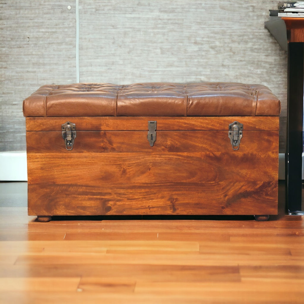 Solid Wood Buffalo Leather Upholstered Hide Chestnut Storage Trunk, Tan & Brown - Grand Goldman Shop