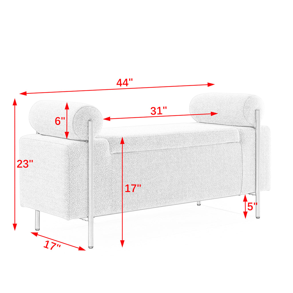 Elegant Upholstered Linen Storage Bench with Cylindrical Arms and Iron Legs, White - Grand Goldman Shop