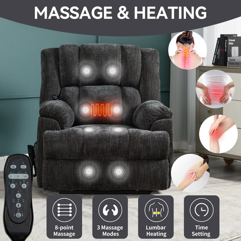 Dual Motor Heat Massage Infinite Position Up to 350 LBS Electric Power Lift Recliners with Power-Remote, Medium-firm and Heavy Duty, Grey - Grand Goldman Shop