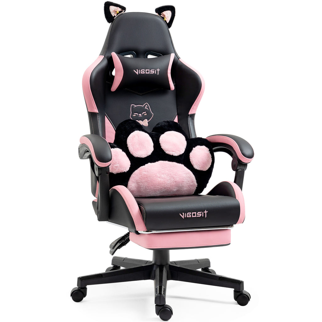Cute Cat Gaming Chair with Paw Lumbar Cushion, PC Video Gamer Chair for Girl Teen Woman (Black) | Premium Home Decor - Grand 