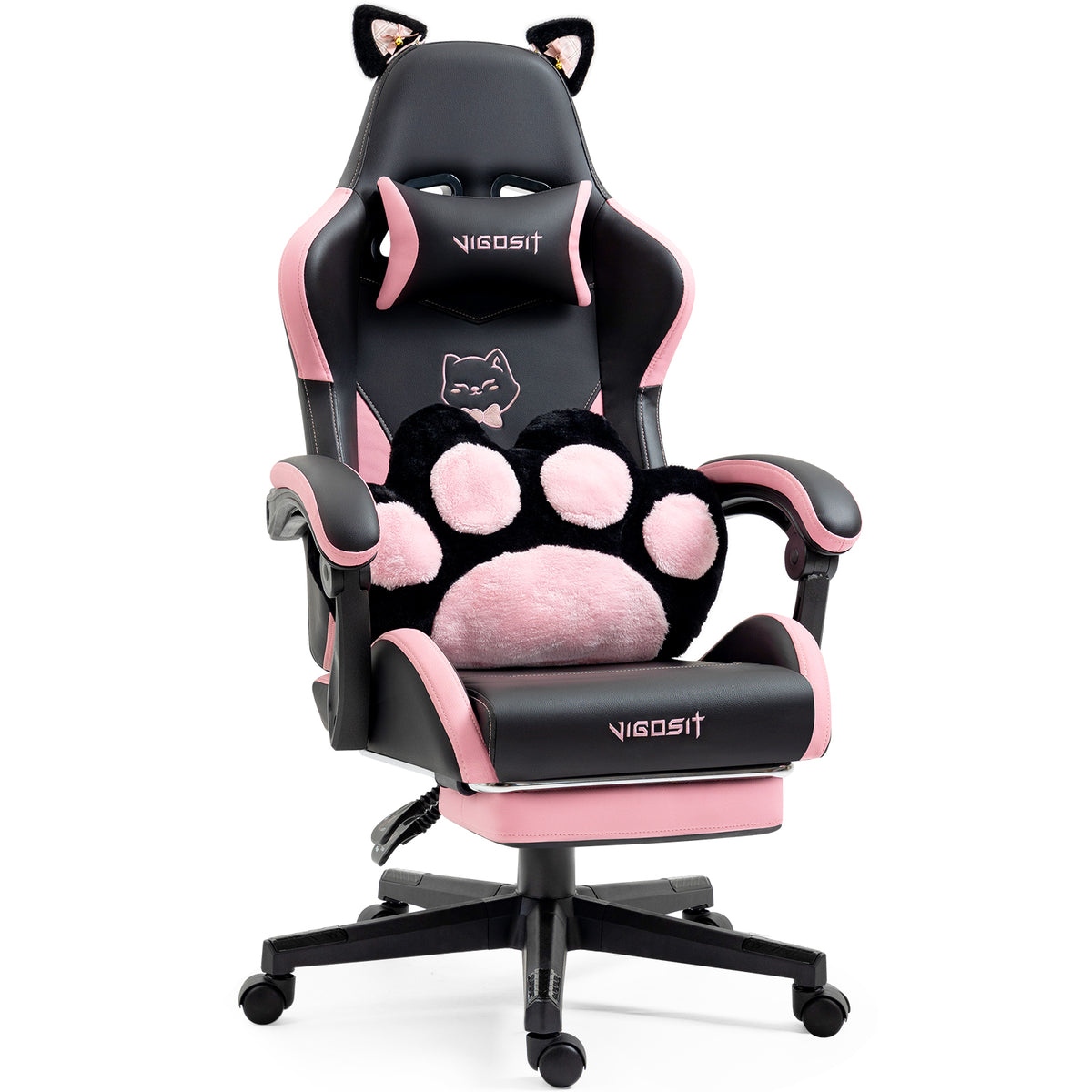 Cute Cat Gaming Chair with Paw Lumbar Cushion, PC Video Gamer Chair for Girl Teen Woman (Black) | Premium Home Decor - Grand 