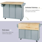 Kitchen Cart with Rubber wood Drop-Leaf Countertop ,Cabinet door internal storage racks,Kitchen Island on 5 Wheels with Storage Cabinet and 3 Drawers for Dinning Room, Grey Blue - Grand Goldman Shop