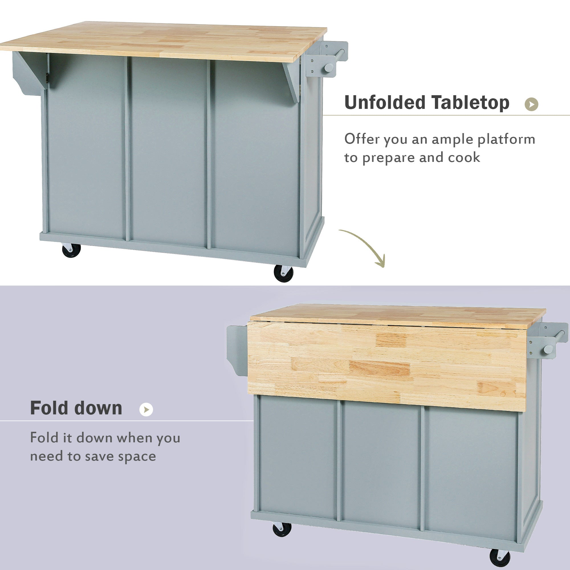 Kitchen Cart with Rubber wood Drop-Leaf Countertop ,Cabinet door internal storage racks,Kitchen Island on 5 Wheels with Storage Cabinet and 3 Drawers for Dinning Room, Grey Blue - Grand Goldman Shop