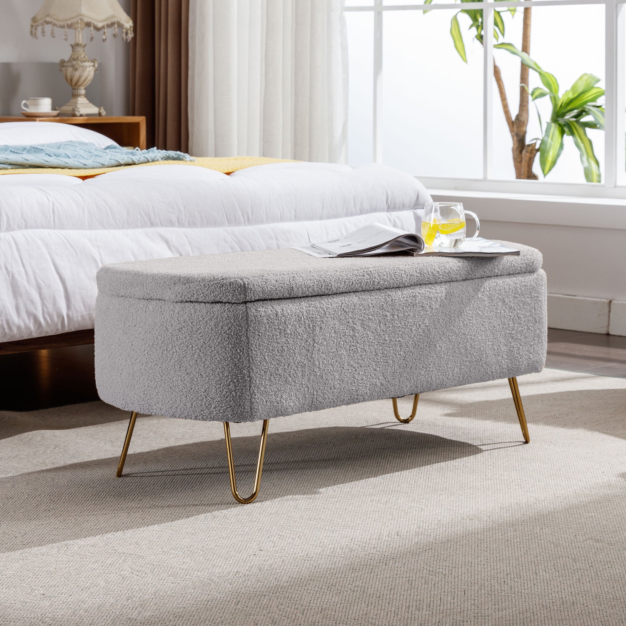 Grey Storage Ottoman Bench for End of Bed Gold Legs, Modern Grey Faux Fur Entryway Bench Upholstered Padded with Storage for Living Room Bedroom - Grand Goldman Shop