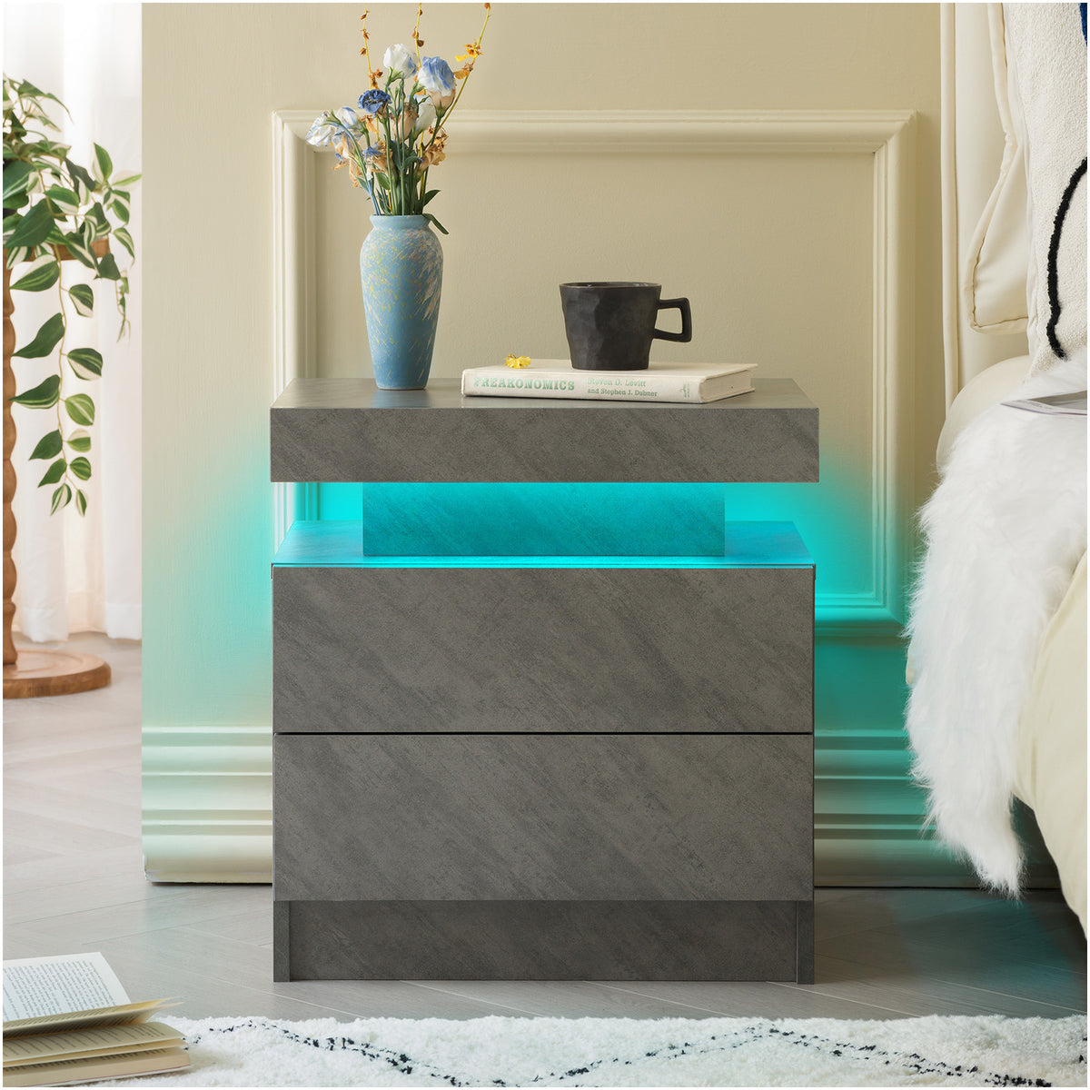 Nightstand LED Bedside Table Cabinet Lights Modern End Side with 2 Drawers for Bedroom (Deep Gray) - Grand Goldman Shop