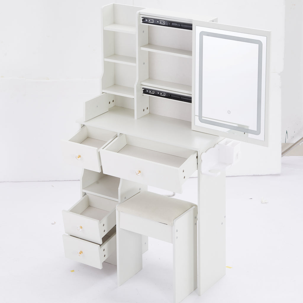 29.2' Small Size Drawer Desktop Vanity Table + Cushioned Stool, 2 AC+2 USB Power Station, Hair dryer bracket, Extra Large Touch Control Sliding LED Mirror, 3-color Switching, EPA, GCC, UL Certificate - Grand Goldman Shop