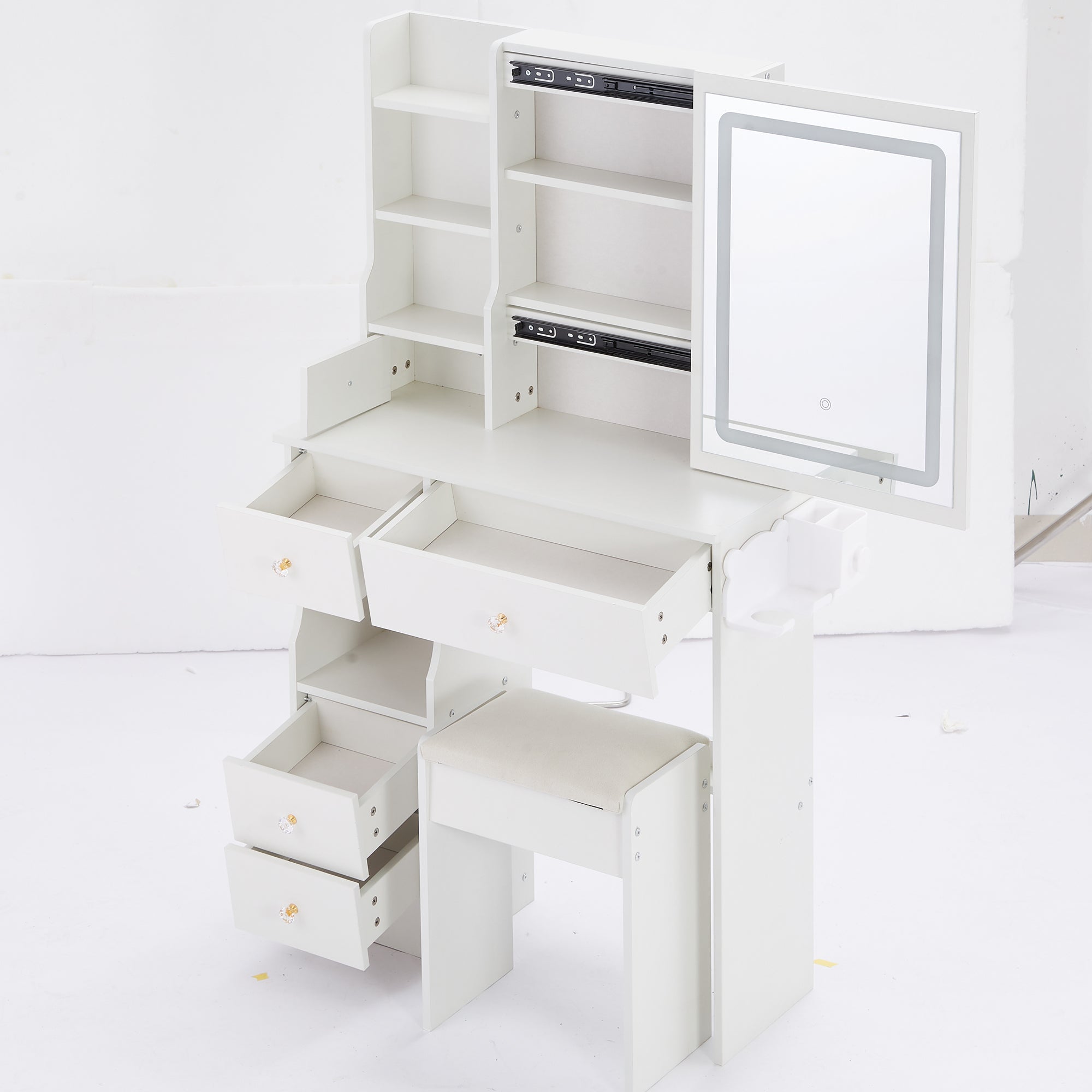29.2' Small Size Left Drawer Desktop Vanity Table + Cushioned Stool, 2 AC+2 USB Power Station, Hair dryer bracket, Extra Large Touch Control Sliding LED Mirror, Tri-color Switching, Brightness Adjust - Grand Goldman Shop