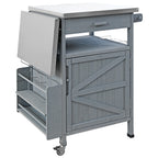 K&K 40.5' Outdoor Grill Cart with Stainless Steel Top, Solid Wood Outdoor Storage Cabinet with Drop Leaf, One Drawer, Towel Rack, Rolling Kitchen Cart with Lockable Wheels for Lawn Garden, Blue Grey - Grand Goldman Shop