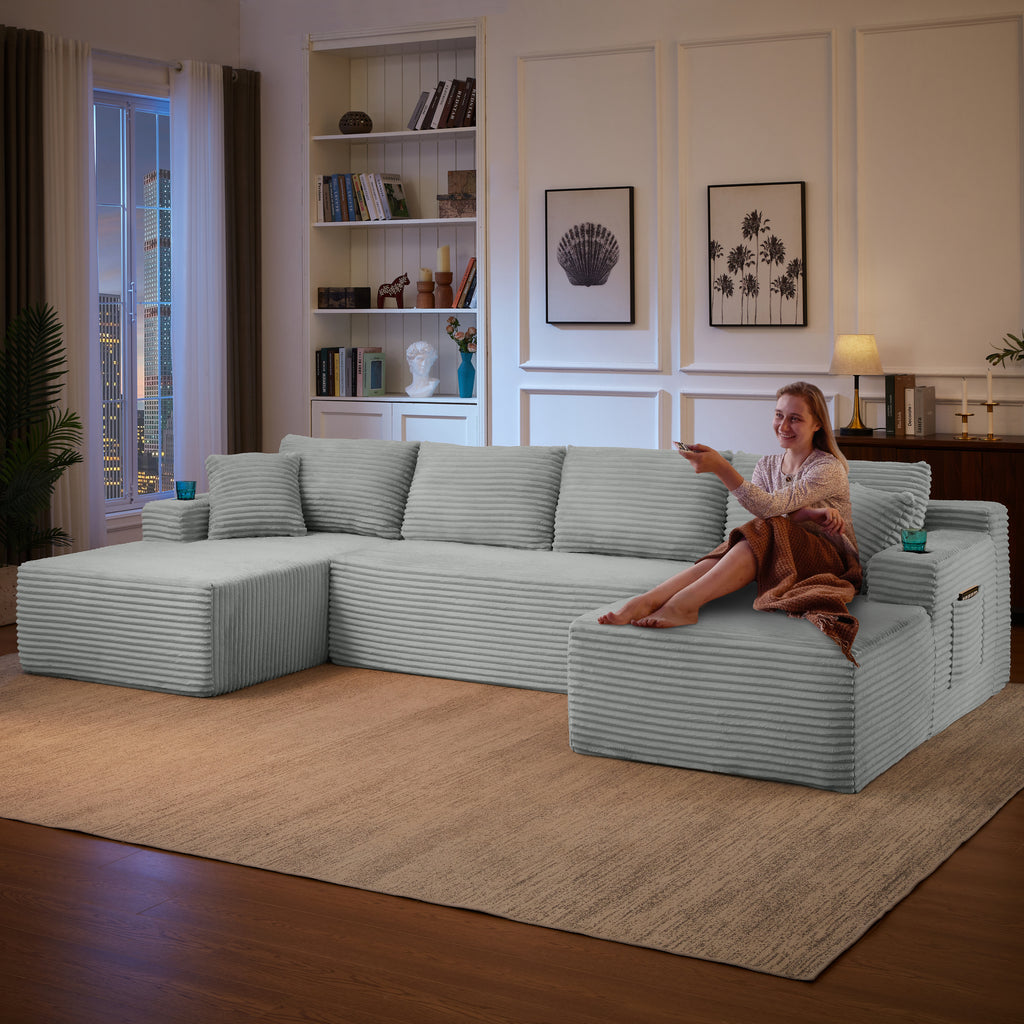 Compressible U-Shaped Sectional Sofa Set,Minimalist Style Modular Sectional Sofa, Corduroy Fabric Cloud Couch for Living Room - Grand Goldman Shop