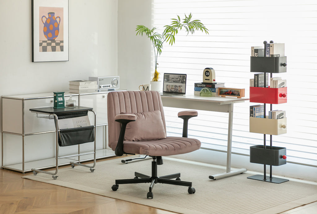 Pink Velvet Criss Cross Armrest Office Chair with Wheels - Comfortable for Home Office, Reading & Vanity | Premium Home Decor
