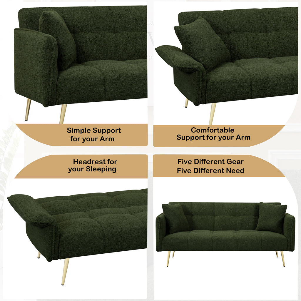 Green Teddy Velvet Futon Sofa Bed with Folding Armrests, Convertible Double Sofa Bed for Small Living Rooms and Studios - Grand Goldman Shop