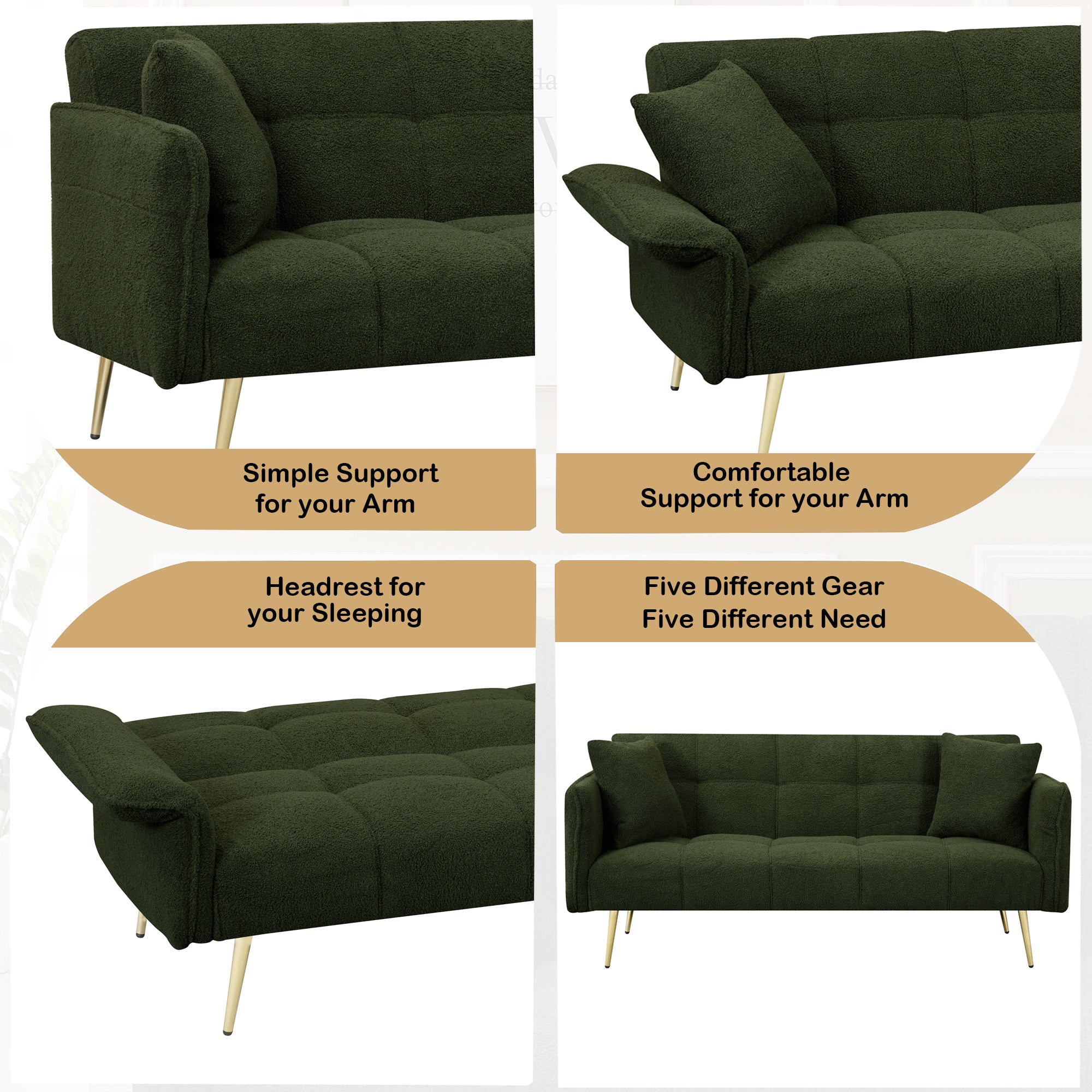 Green Teddy Velvet Futon Sofa Bed with Folding Armrests, Convertible Double Sofa Bed for Small Living Rooms and Studios - Grand Goldman Shop