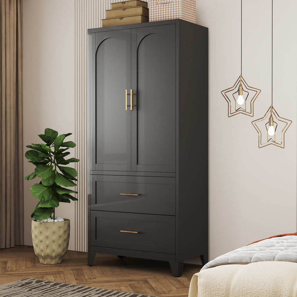 71' Tall Metal Wardrobe Cabinet with 2 Drawers and Hanging Rod, 2 Doors Wardrobe Closet with Shelf for Bedroom, Office, Laundry Room,Entryway ,Foyer,Guesthouse (Black) - Grand Goldman Shop