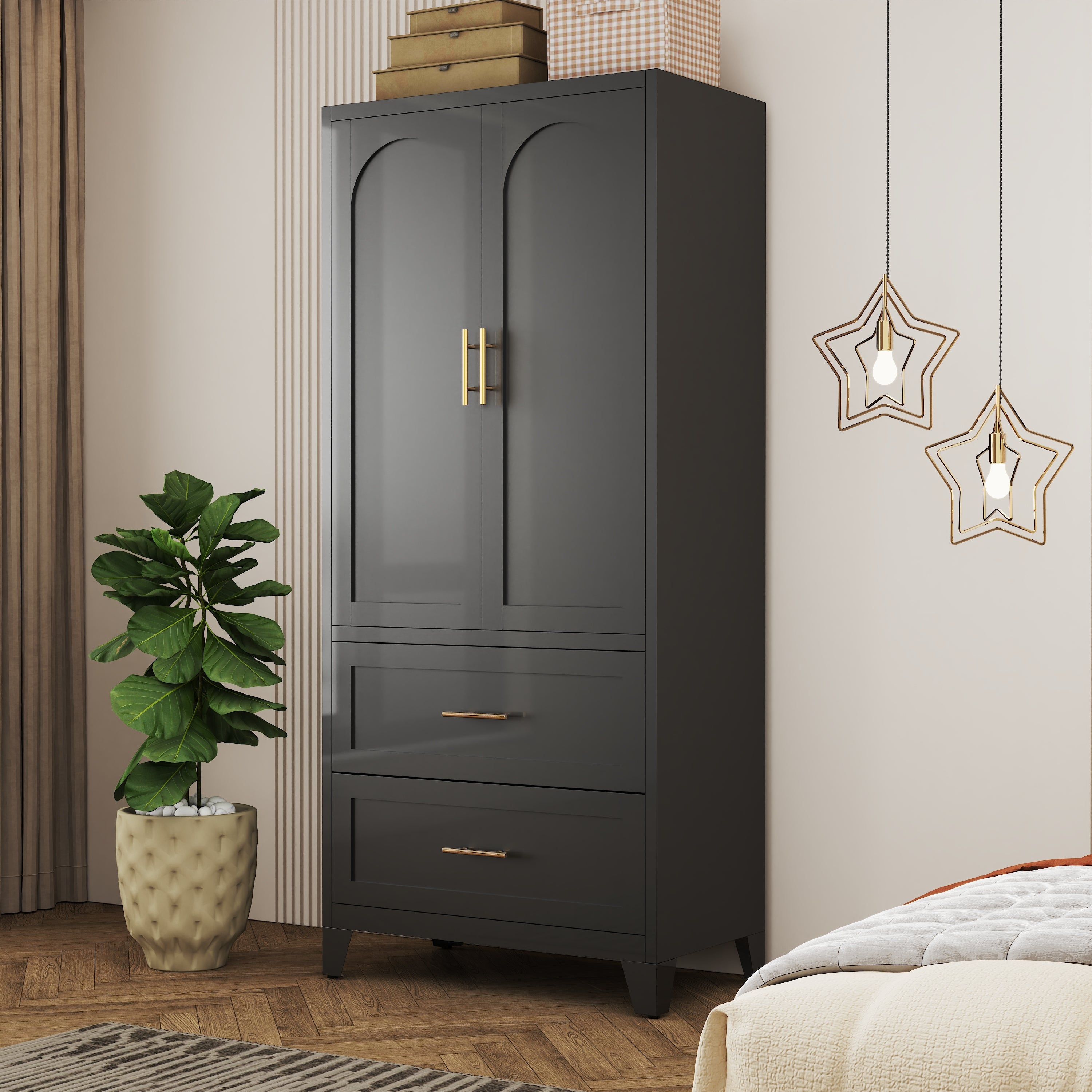 71' Tall Metal Wardrobe Cabinet with 2 Drawers and Hanging Rod, 2 Doors Wardrobe Closet with Shelf for Bedroom, Office, Laundry Room,Entryway ,Foyer,Guesthouse (Black) - Grand Goldman Shop