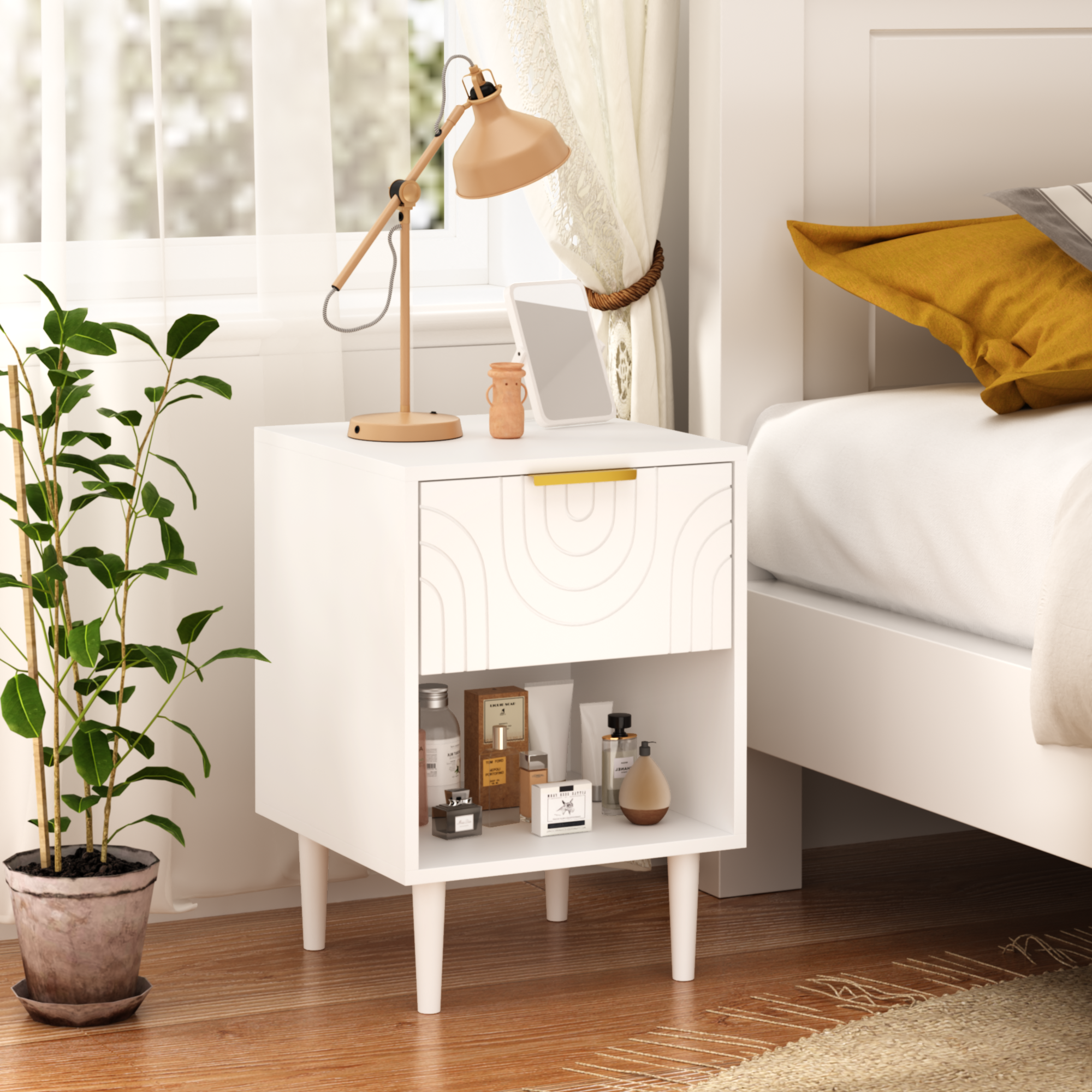 Modern White Nightstand with One Drawer and Open Shelf, Gold-Accented Handle, 22.83'' H, MDF, White - Grand Goldman Shop