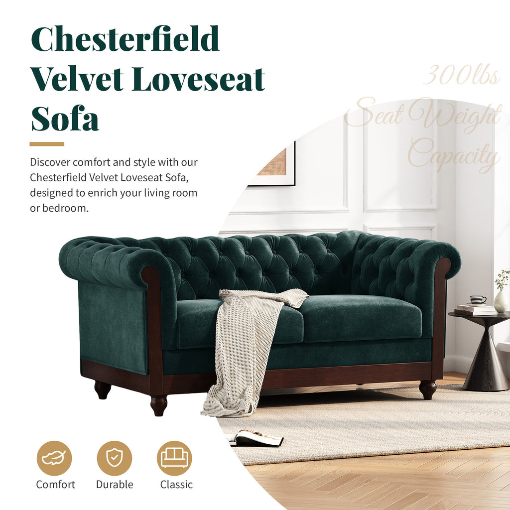 VIVALUX Chesterfield Velvet Loveseat Sofa 2-Person Rolled Arm Upholstered Couch Forest Green 59.44' - Grand Goldman Shop