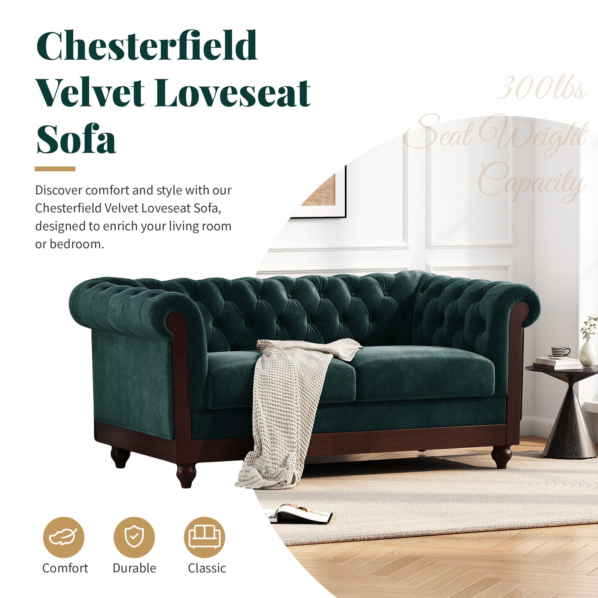 VIVALUX Chesterfield Velvet Loveseat Sofa 2-Person Rolled Arm Upholstered Couch Forest Green 59.44' - Grand Goldman Shop