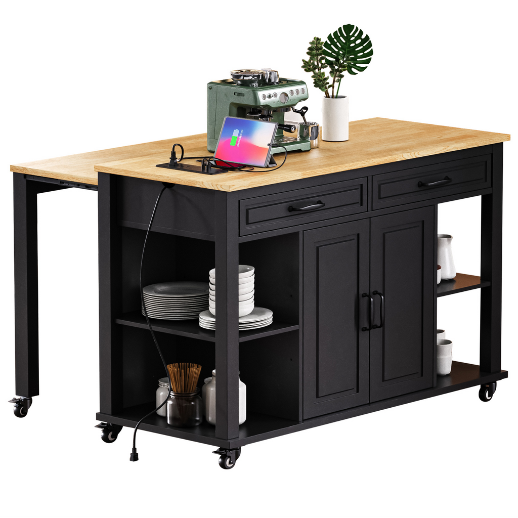 K&K 47 inch Kitchen Island with Extendable Dining Table, Rubber Wood Veneer Kitchen Table with Internal Storage Rack, Power Outlet, Kitchen island with Storage 2 Drawers 2 Cabinet, Black - Grand Goldman Shop