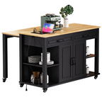 K&K 47 inch Kitchen Island with Extendable Dining Table, Rubber Wood Veneer Kitchen Table with Internal Storage Rack, Power Outlet, Kitchen island with Storage 2 Drawers 2 Cabinet, Black - Grand Goldman Shop