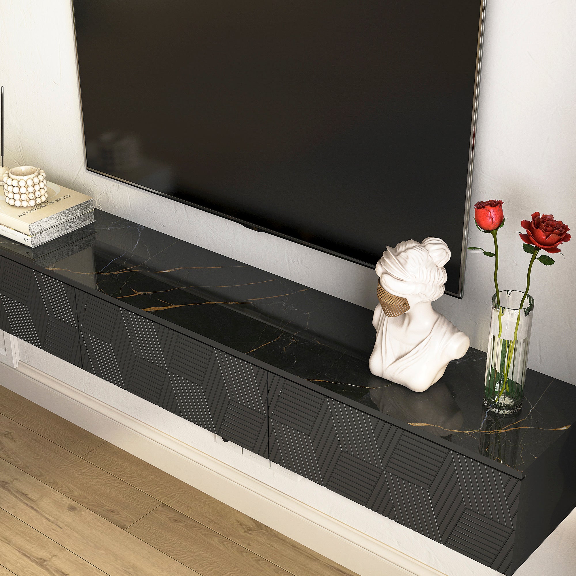 Floating TV Stand Wall Mounted with 16 Color LEDs,67' Modern TV Stand, Floating TV Cabinet Entertainment Center for 55 60 65 Inch TV,Black - Grand Goldman Shop