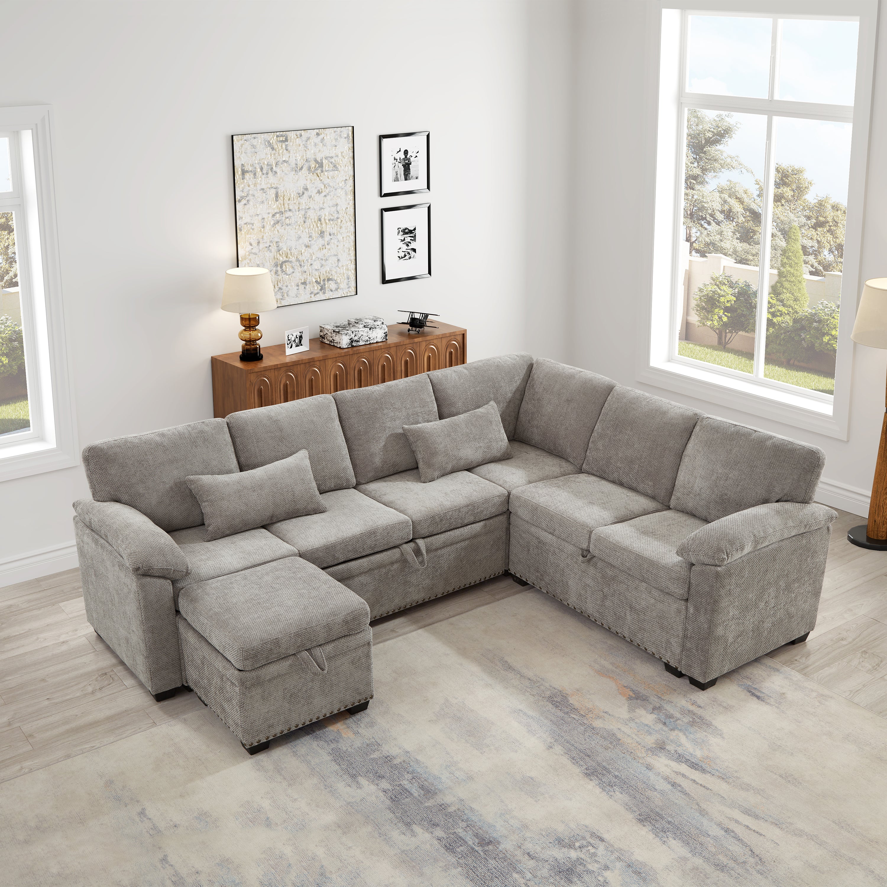 97 Inch L-Shaped Corner Sectional Sofa Couch with Storage Ottoman,Chenille Fabric Couch with 7 Seats & 2 Pillows for Living Room, Modern, Small Space, Easy Assembly,Grey - Grand Goldman Shop