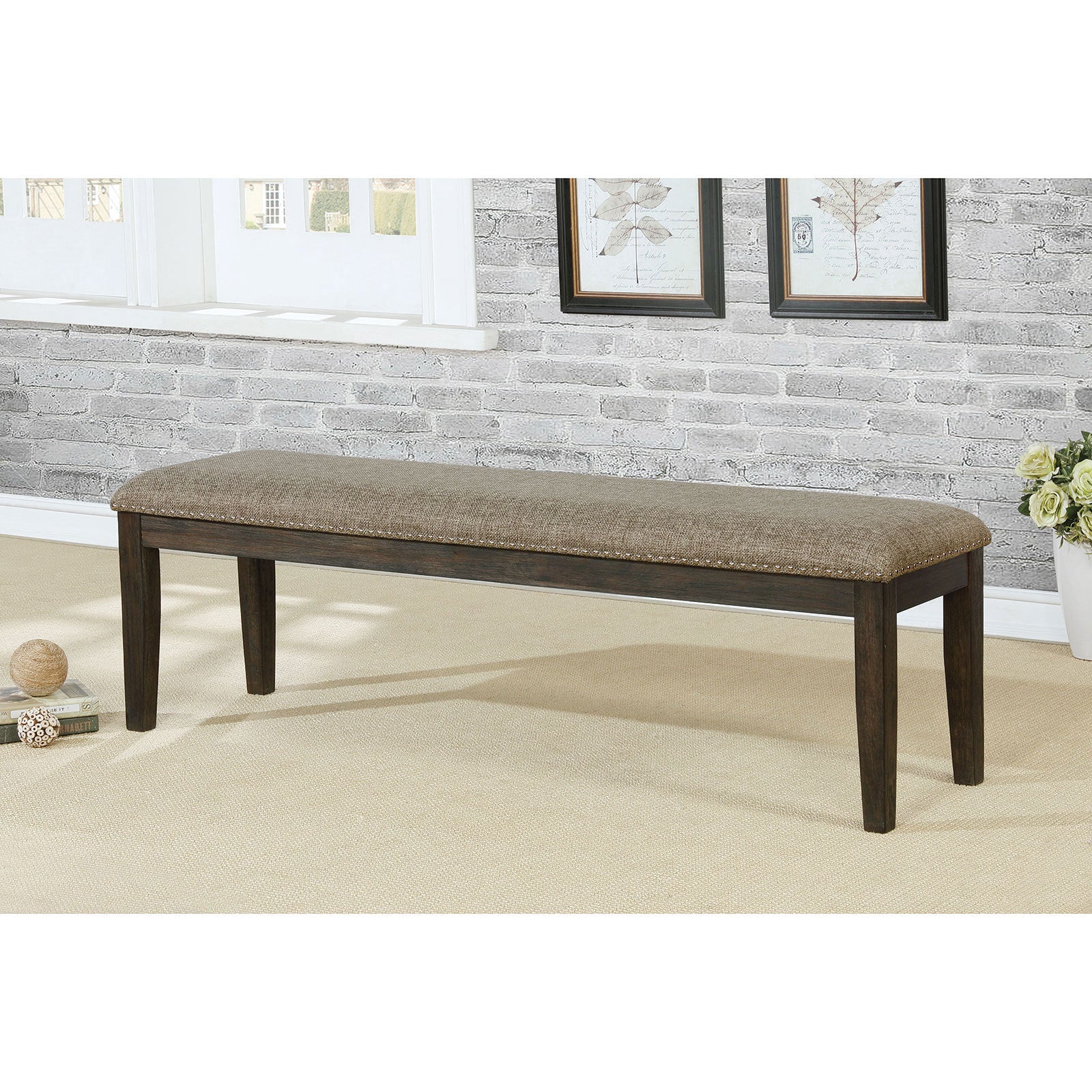 Transitional 1pc BENCH Only Espresso Warm Gray Nail heads Solid wood Fabric Upholstered Padded Seat Kitchen Rustic Dining Room Furniture - Grand Goldman Shop