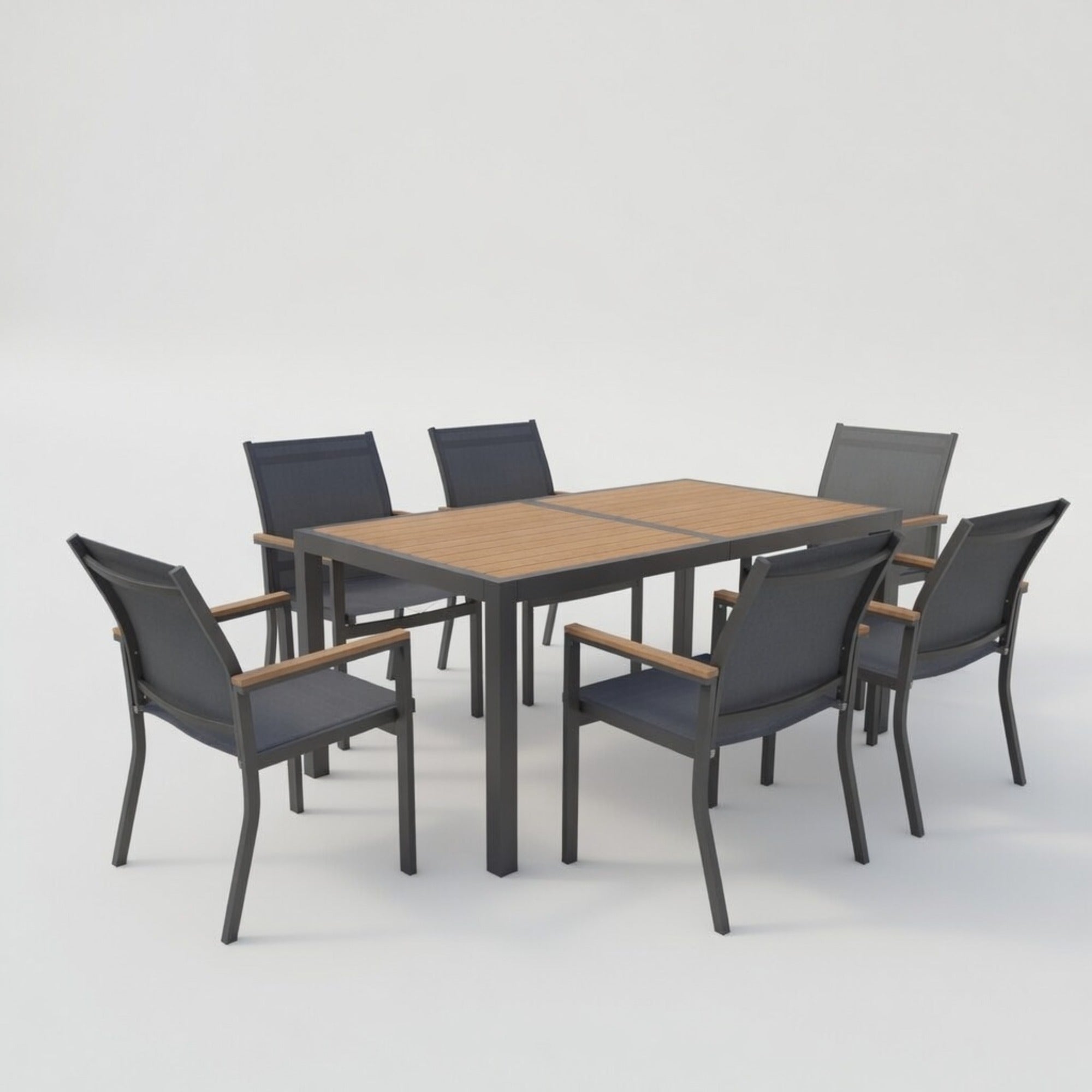 7-Piece Grey Aluminum Patio Dining Set with Textilene Chairs for Outdoor Living, Modern Grey Frame with Wood Accents, 59' Rectangle Table, All-Weather Durable