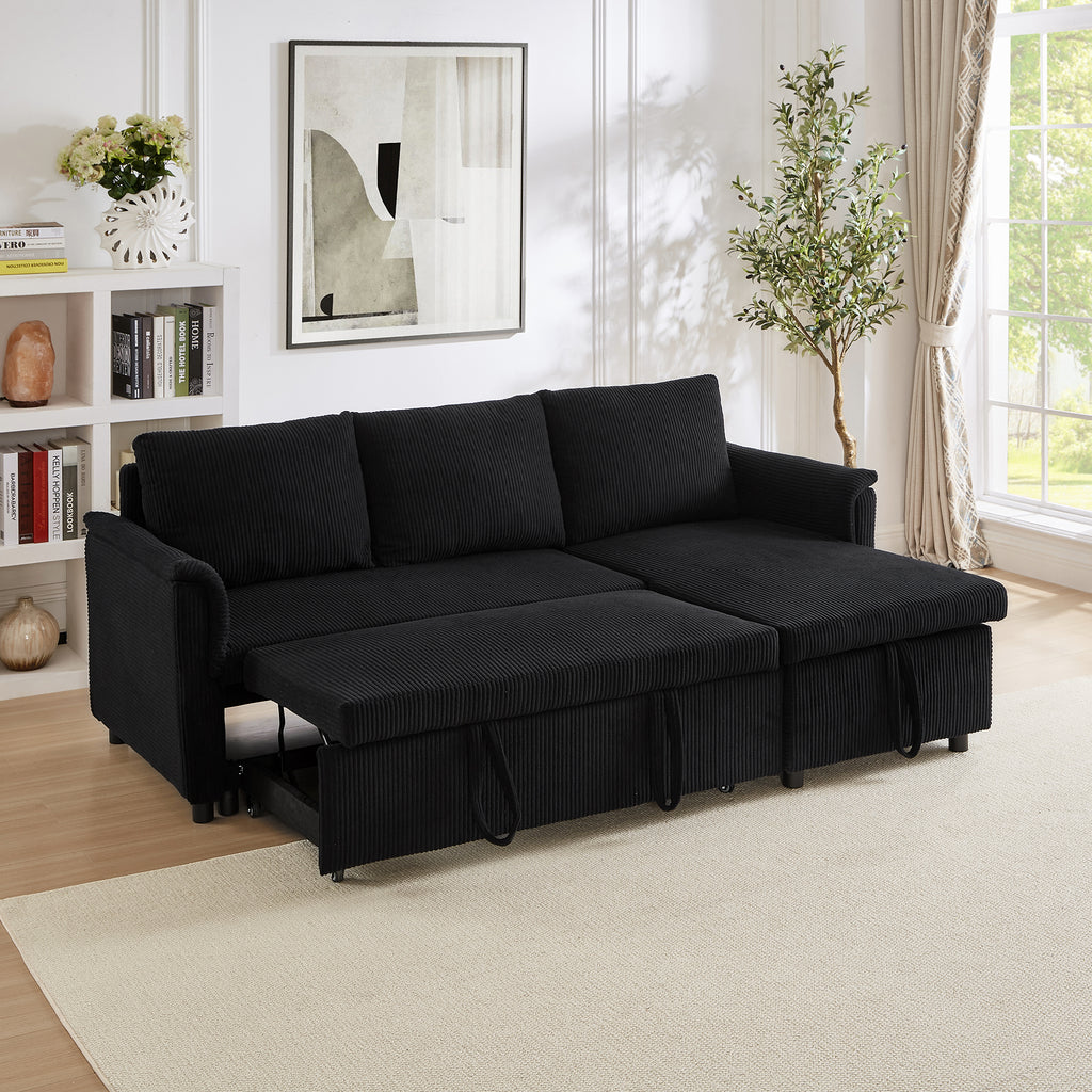Loveseat Sofa with Chaise Lounge L-Shaped Modular Convertible Sofa with Storage Chaise, Corduroy Tufted Upholstered Sleeper Sectional Sofa,Pull Out Sleep Couch Bed and Reclining Backrest-Black - Grand Goldman Shop