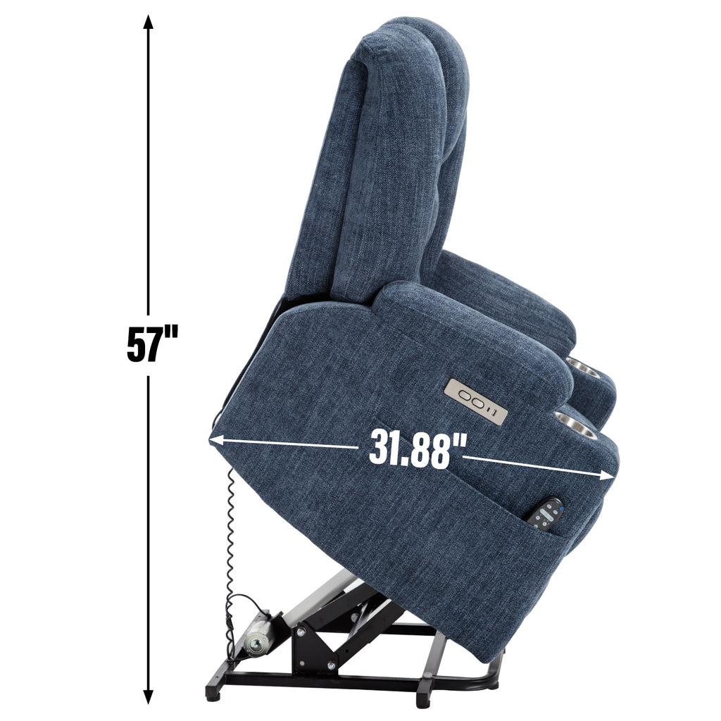 Power Lift Recliner Chair with Massage and Heat for Elderly, Overstuffed Wide Recliners, Heavy Duty Motion Mechanism with USB and Type C Ports, 2 Steel Cup Holders, Blue - Grand Goldman Shop