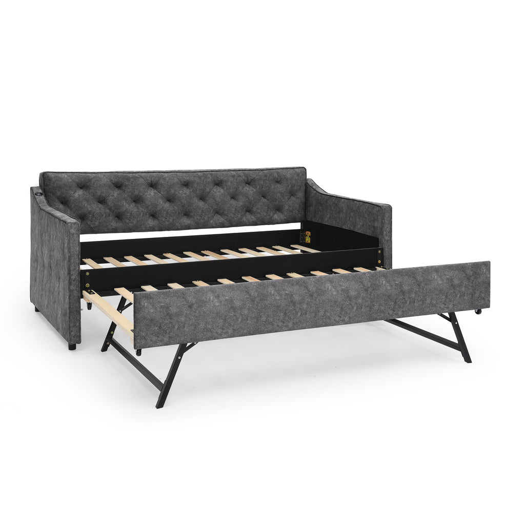 Grey Velvet Mid-Century Style Twin Upholstered Daybed with Pop-Up Trundle and USB Charging Armrest - Grand Goldman Shop