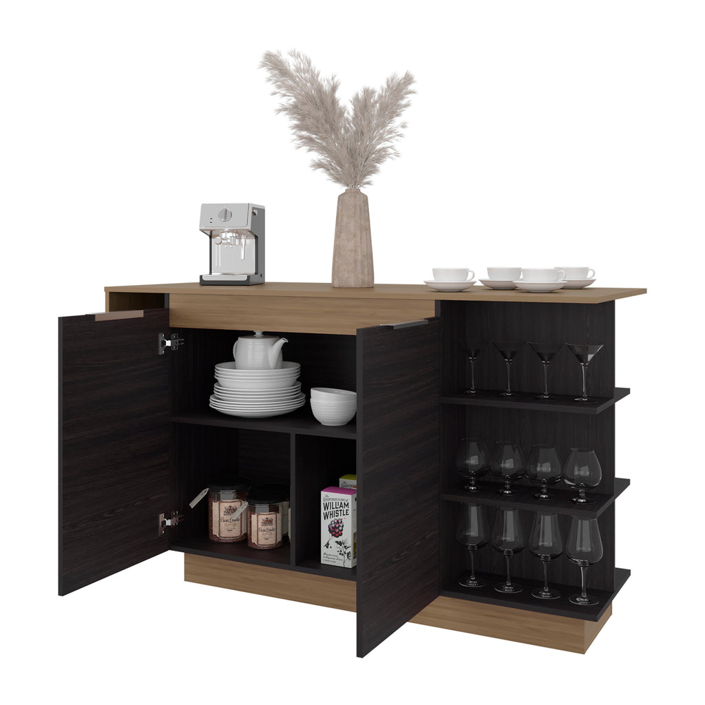 Dwight Kitchen Bar Counter with Shelves and Cabinets, Black Wengue / Natural Oak - Grand Goldman Shop