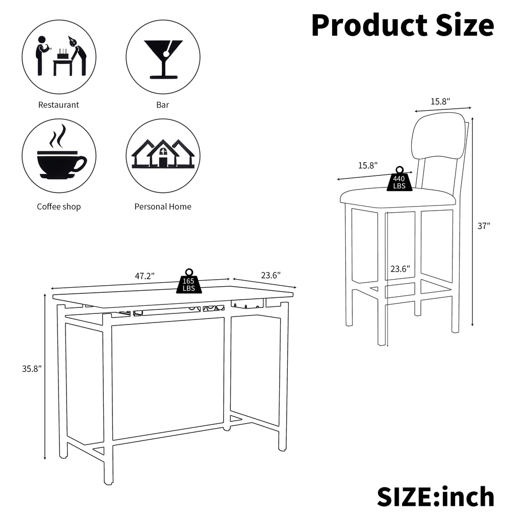 Kitchen Table Set, Dining Table and Chairs for 2, 3 Piece Dining Room Table Set with 2 Upholstered Chairs, Bar Dining Table Set for Small Spaces, Apartment, Breakfast, Pub, Rustic Black - Grand Goldman Shop