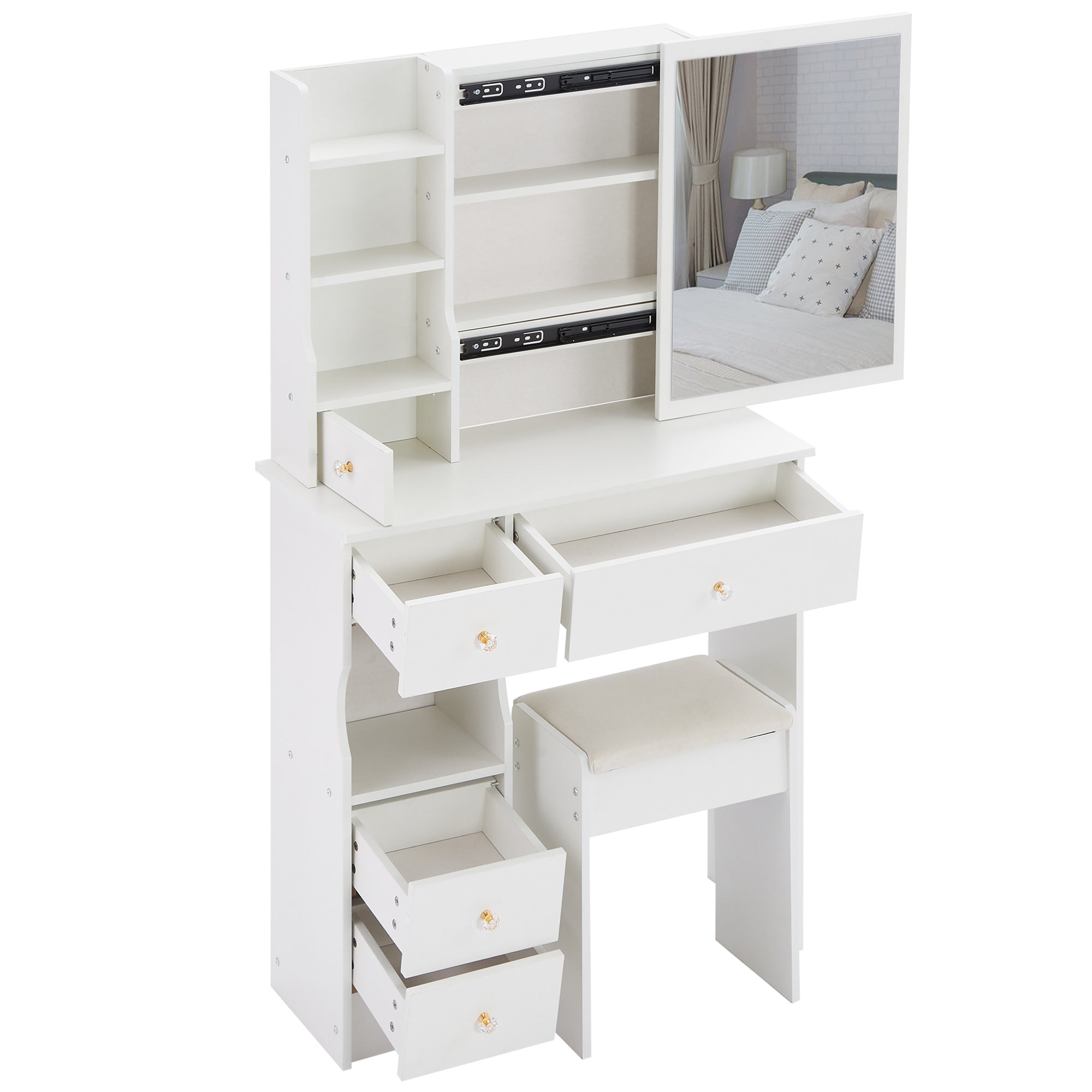 29.2' Small Space Left Drawer Desktop Vanity Table + Cushioned Stool, Extra Large Right sliding mirror, Multi Layer High Capacity Storage, Practical Fashionable Dresser, Suitable For Small Space - Grand Goldman Shop