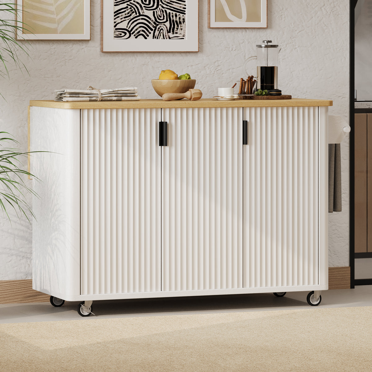 K&K 51' Fluted Kitchen Island with Drop Leaf, Farmhouse Accent Kitchen Island on Wheels with Internal Storage Rack, Rolling Kitchen Cart with Towel Rack for Kitchen, Dining Room, White Ash - Grand Goldman Shop