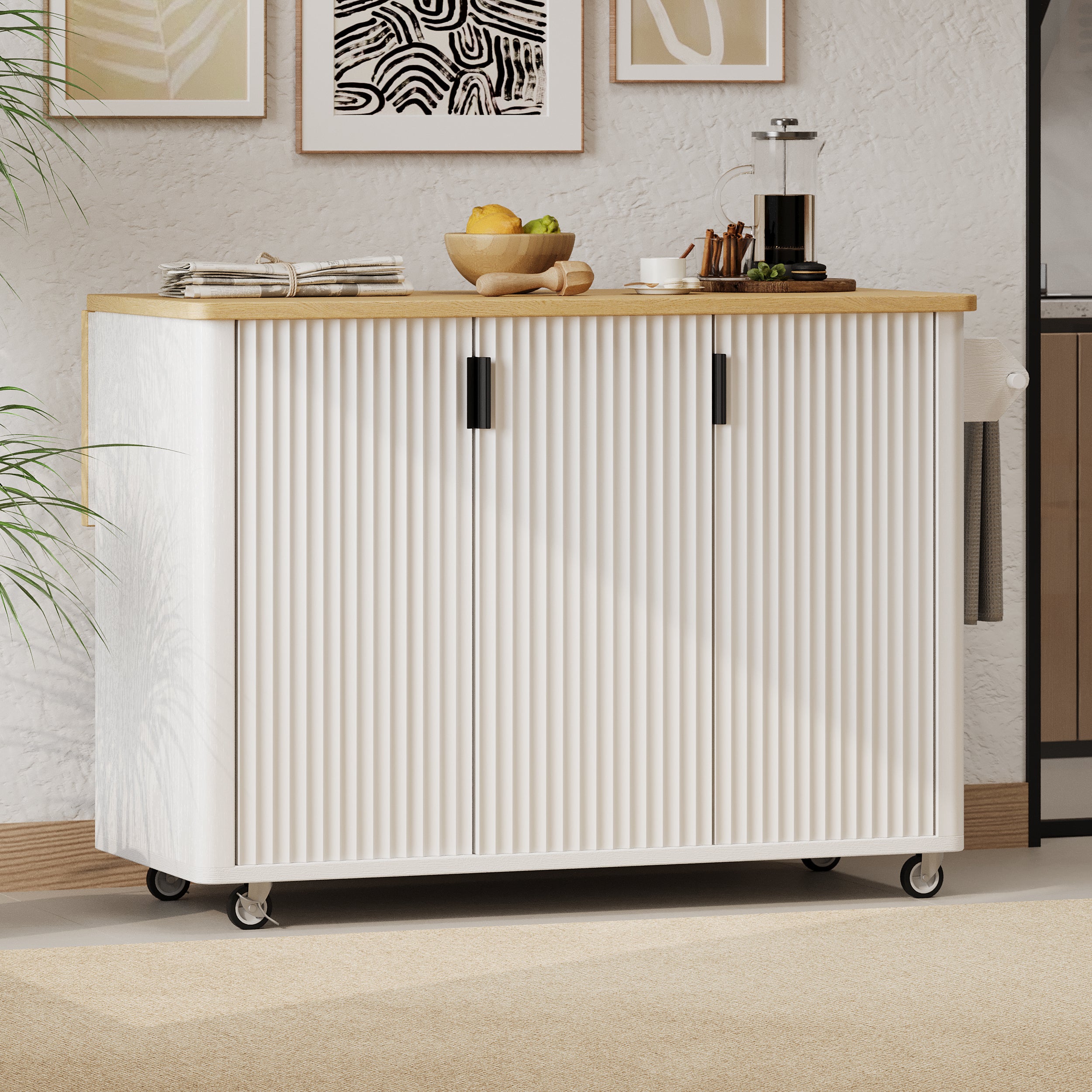 K&K 51' Fluted Kitchen Island with Drop Leaf, Farmhouse Accent Kitchen Island on Wheels with Internal Storage Rack, Rolling Kitchen Cart with Towel Rack for Kitchen, Dining Room, White Ash - Grand Goldman Shop