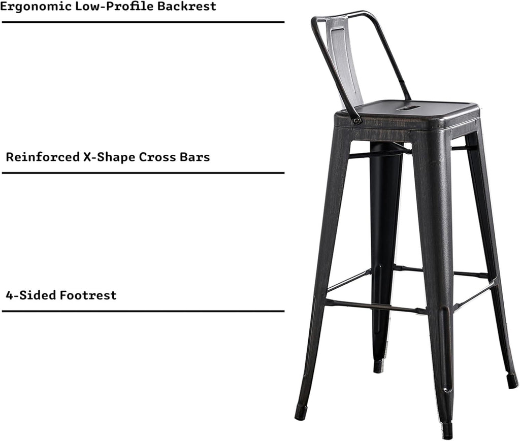 Modern Light Weight Industrial Contemporary Rustic Vintage Costal Metal Barstools with Bucket Back and 4 Leg Design, Seat Bar