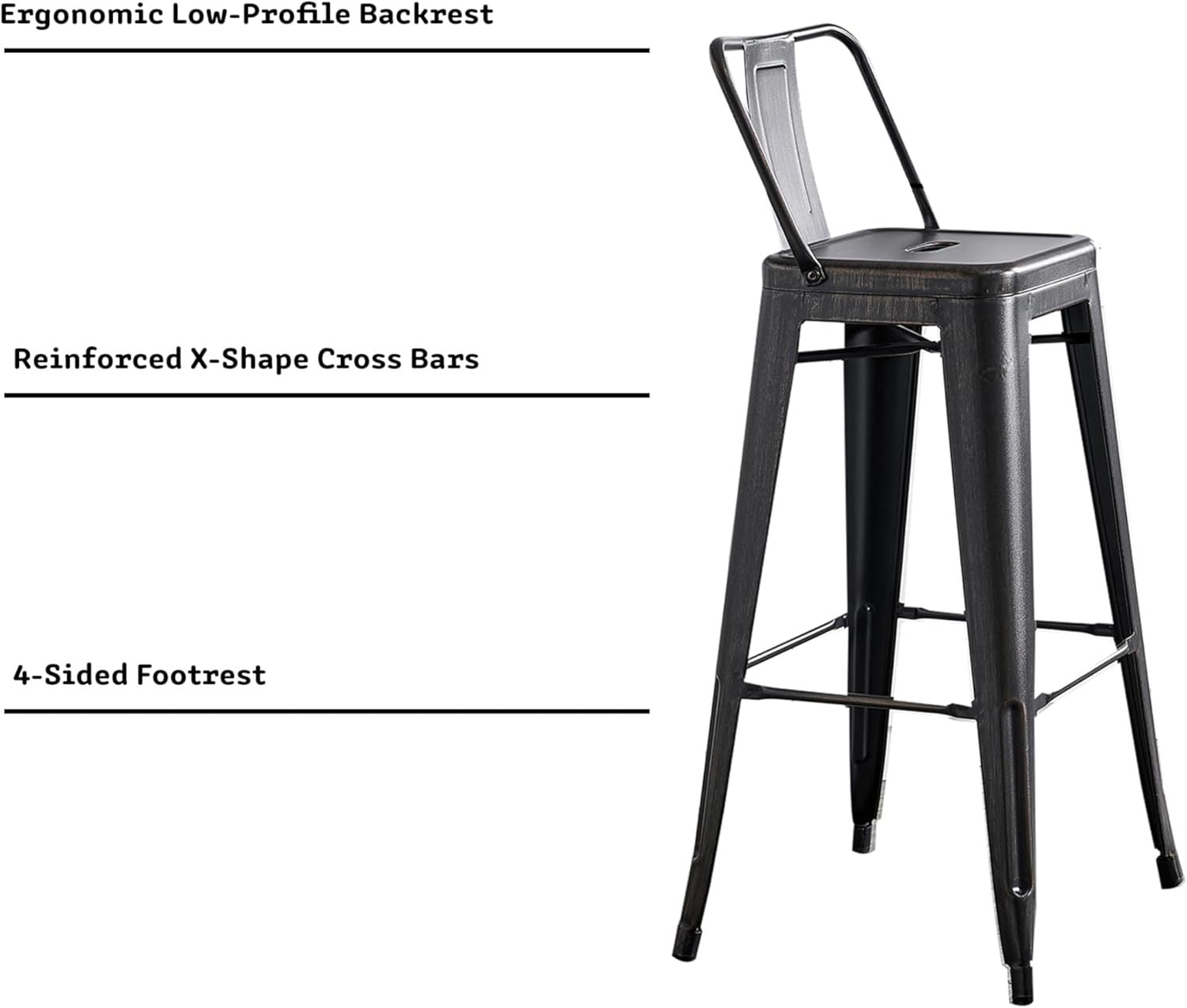 Modern Light Weight Industrial Contemporary Rustic Vintage Costal Metal Barstools with Bucket Back and 4 Leg Design, Seat Bar