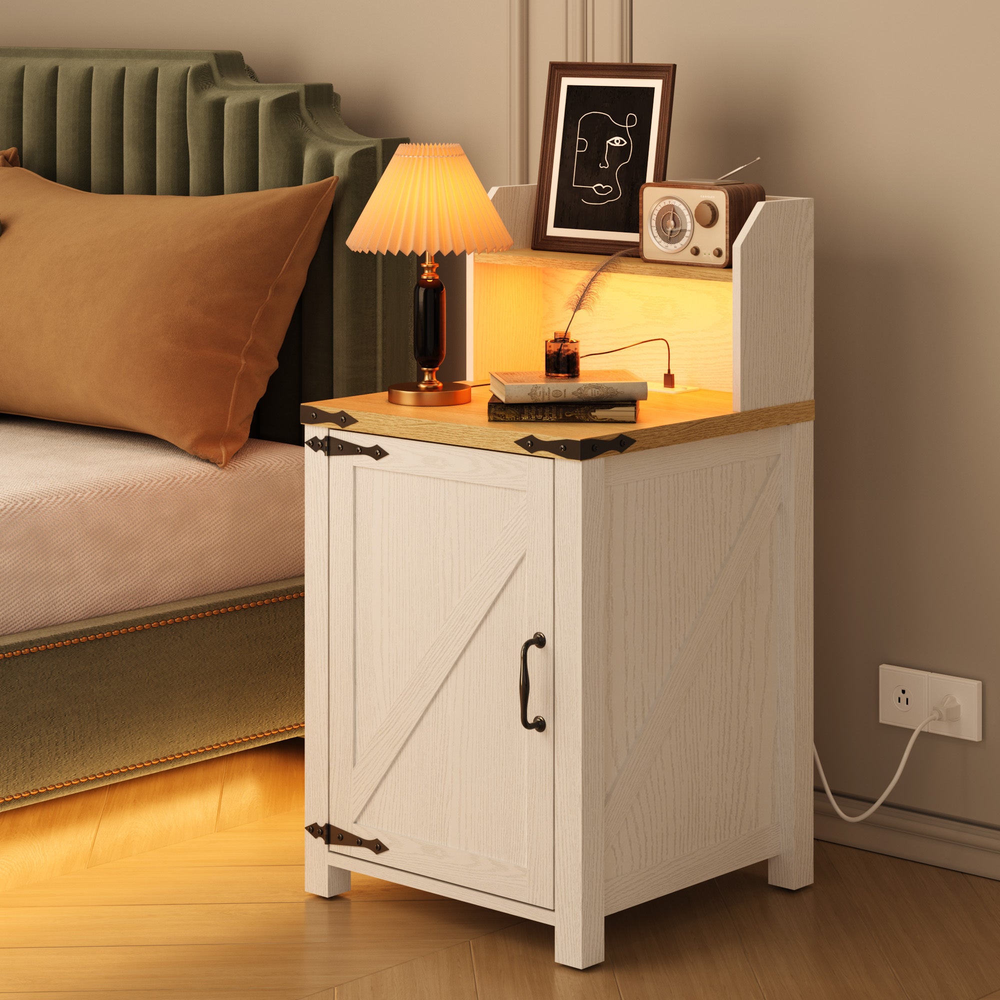 OKD Nightstand with Charging Station, 18 Inch Farmhouse End Table with Barn Door and Adjustable Storage Shelf, Rustic Wood Sofa Side Table w/Magnetic Door for Living Room, Bedroom, Antique White - Grand Goldman Shop