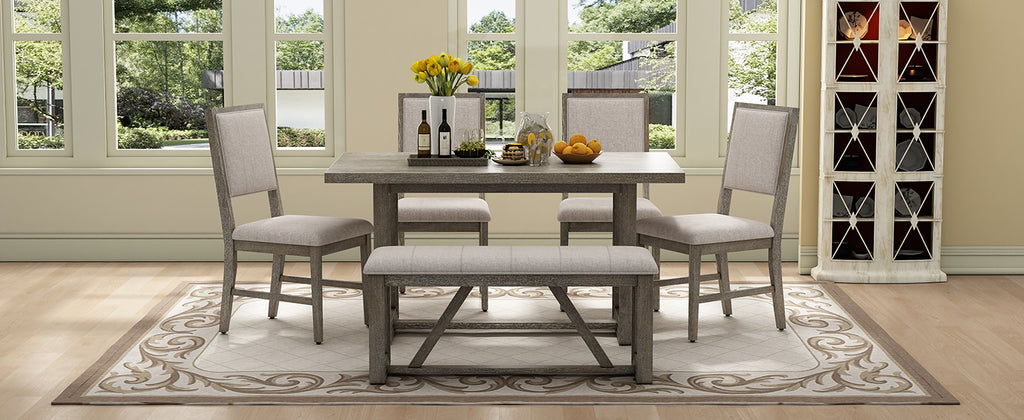 TREXM 6-Piece Retro Dining Table Set for 6, 60' Wood Kitchen Table and Chairs Set of 4 with Bench Designed Trestle Base for kitchen & Dining Room (Gray) - Grand Goldman Shop