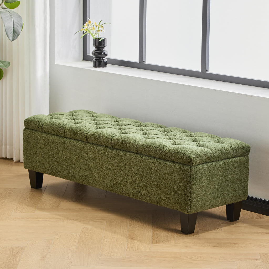 Ottoman Bench with Storage, Green Boucle Surface, Rubber Wood Legs, 300 lbs Capacity - Grand Goldman Shop