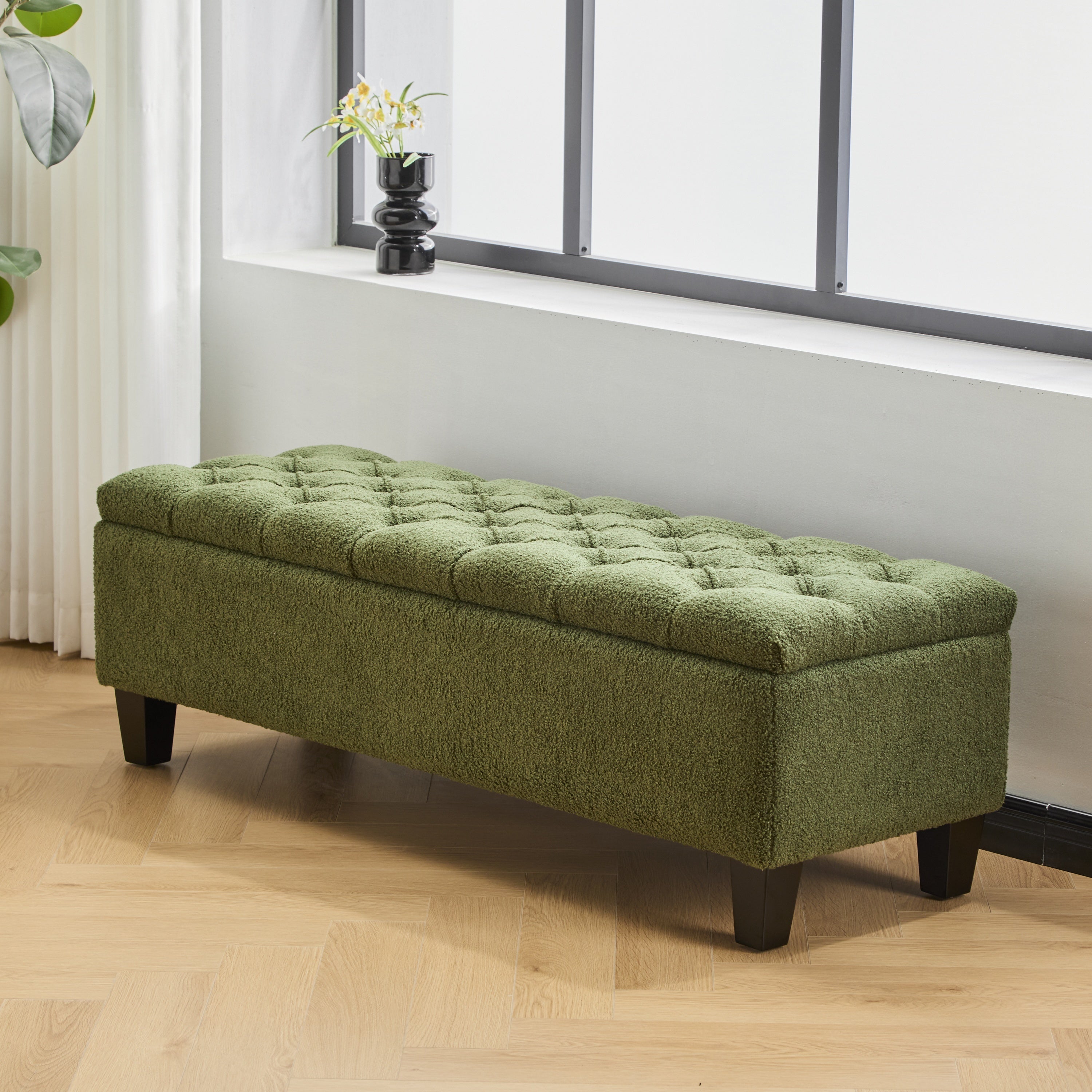 Ottoman Bench with Storage, Green Boucle Surface, Rubber Wood Legs, 300 lbs Capacity - Grand Goldman Shop