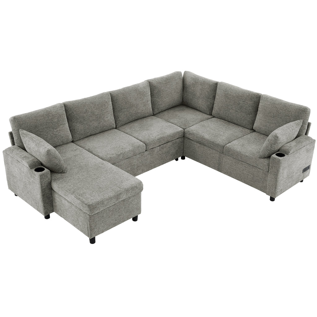 Versatile Light Grey Chenille Sectional Sofa Bed with Storage, Cup Holders & Charging Ports, 109.9' - Grand Goldman Shop