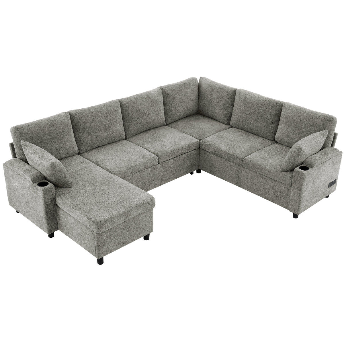 Versatile Light Grey Chenille Sectional Sofa Bed with Storage, Cup Holders & Charging Ports, 109.9' - Grand Goldman Shop