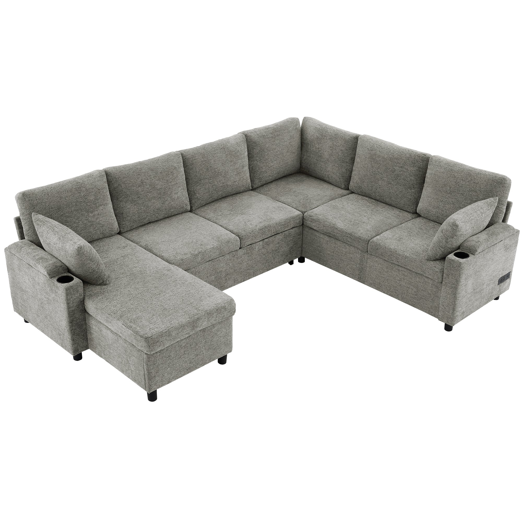 Versatile Light Grey Chenille Sectional Sofa Bed with Storage, Cup Holders & Charging Ports, 109.9' - Grand Goldman Shop