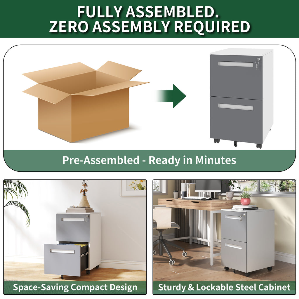 2-Drawer Mobile File Cabinet with Lock, All-Steel Metal Storage Cabinet on 360° Wheels, White Finish, Holds A4/Letter/Legal F