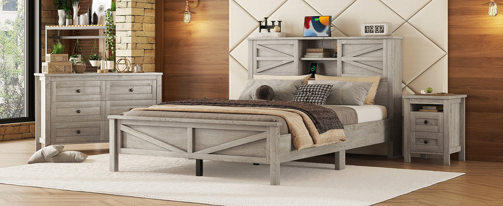 3-Pieces Bedroom Sets Queen Size Farmhouse Platform Bed with Double Sliding Door Storage Headboard and Charging Station, Storage Nightstand and Dresser, Antique Gray(Old SKU HL000092AAG) - Grand Goldman Shop
