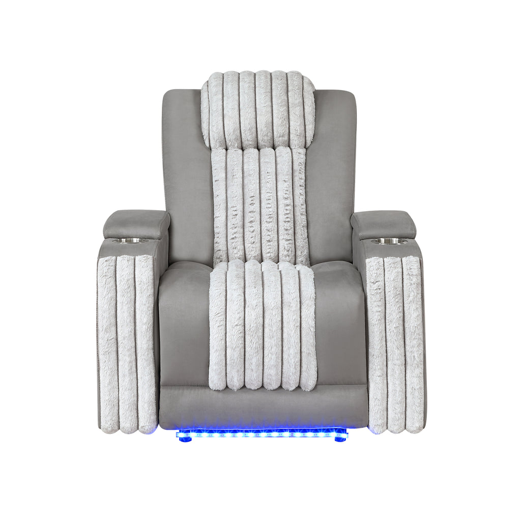 Duran Grey 3PC Power Reclining Sofa-Loveseat and Recliner with Power Headrest, LED Light, USB, Bluetooth Speaker, Drop Down Table - Grand Goldman Shop