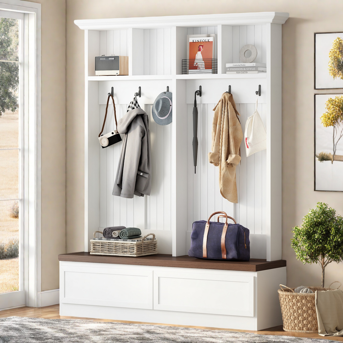 Farmhouse 4-in-1 Hall Tree with Wood Grain Bench, Mudroom Versatile Coat Rack with 2 Large Drawer, Entrance Organizer for Hallway, Living Room, White, 55.9'W (OLD SKU: N721P313099K) - Grand Goldman Shop